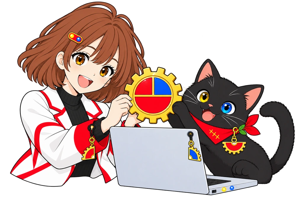 なんちゃんとつくしちゃんがパソコンとともに、赤い左上4分の1・青い右上4分の1・赤い下半分が合わさった完成歯車を持っている