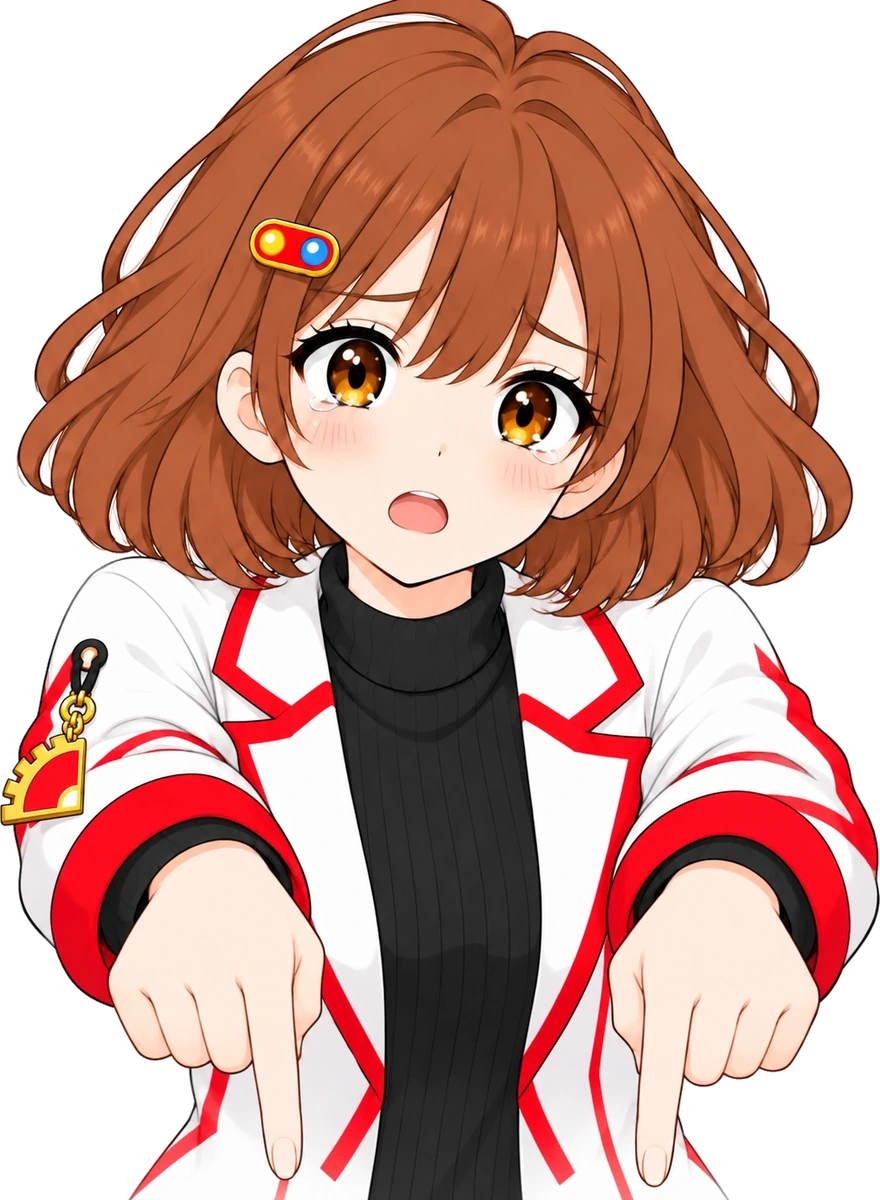 なんちゃんが両手で下を指さして、少し涙目で「見てほしい」とお願いしている