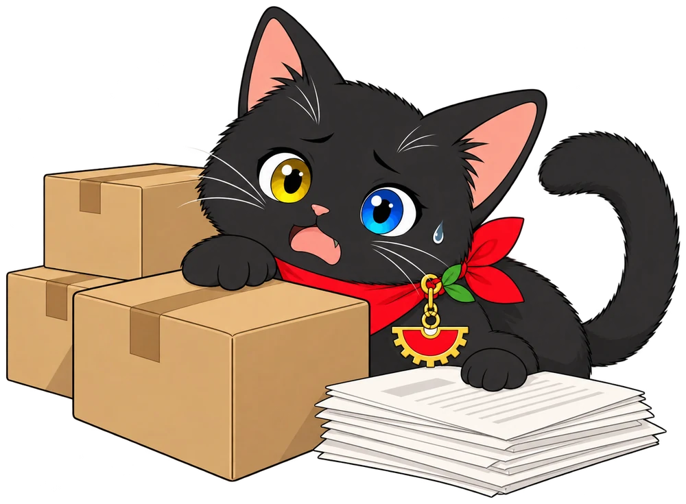 黒猫のつくしちゃんが、山積みの作業に困っている