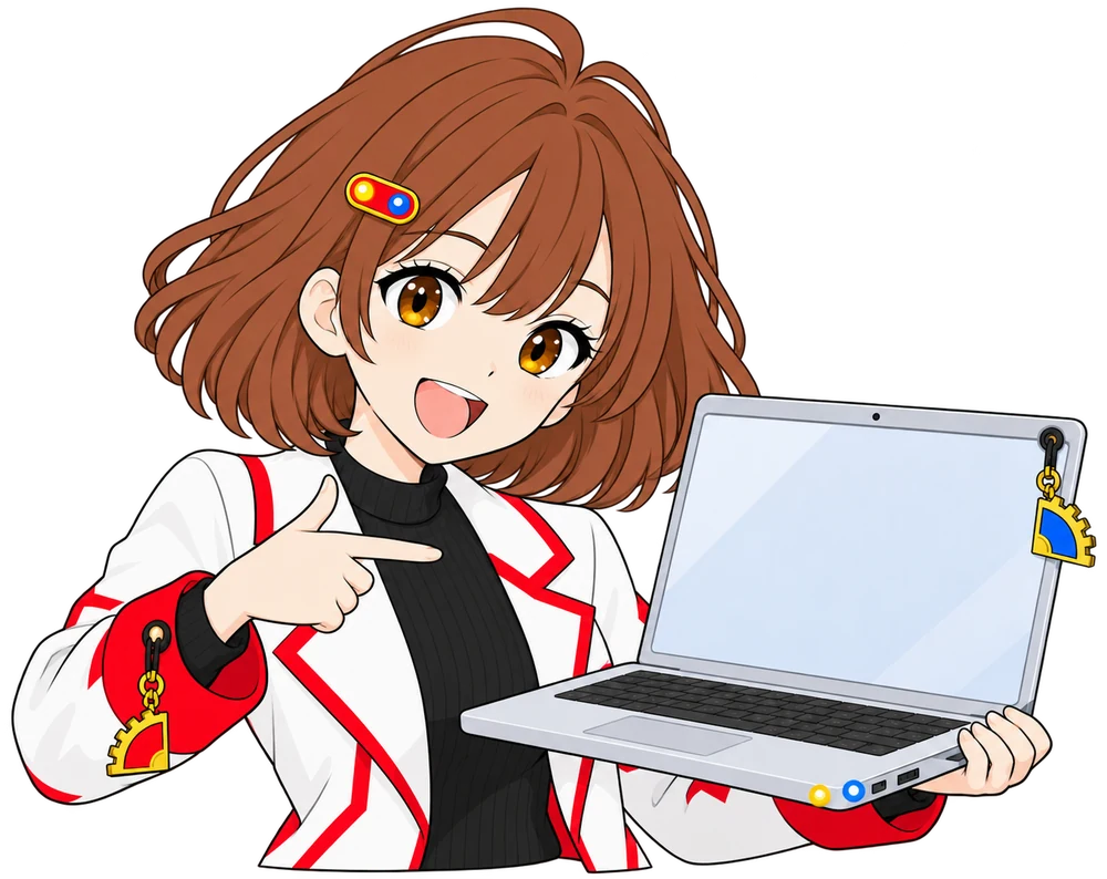 なんちゃんがノートパソコンでツール一覧を見せている