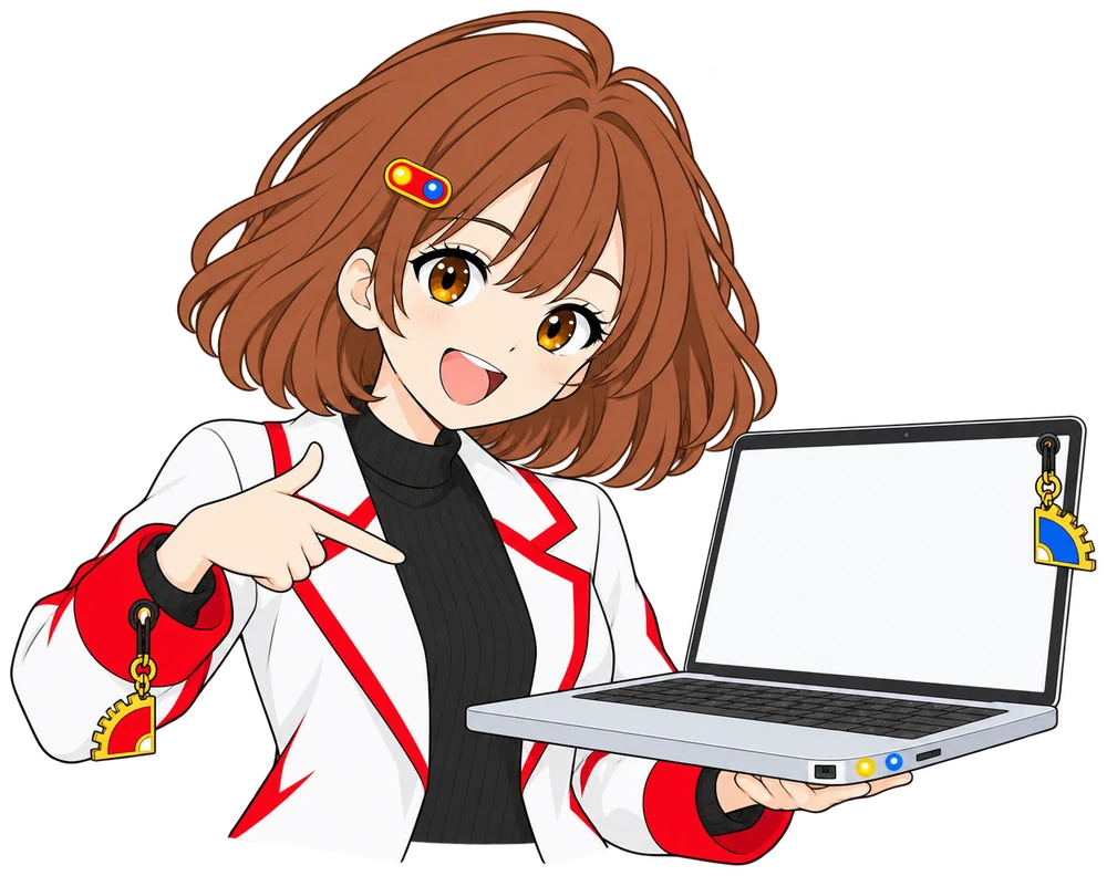 なんちゃんがノートパソコンでツール一覧を見せている
