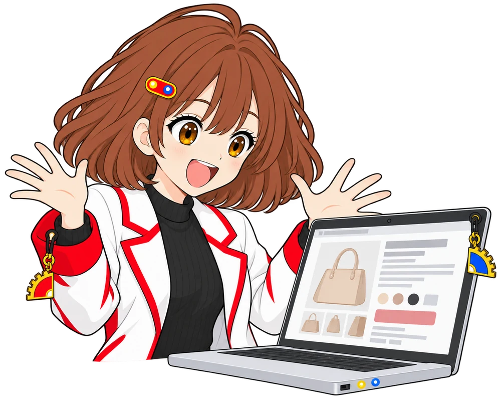 なんちゃんが完成した商品ページを見て両手を上げて大喜び