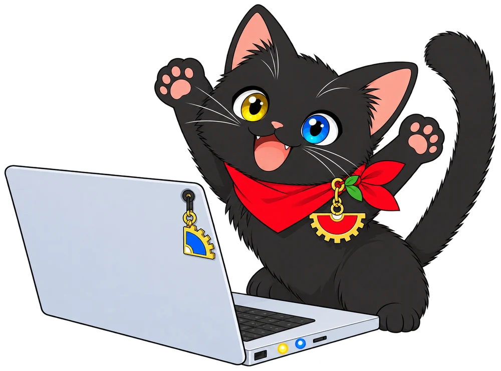 つくしちゃんがノートPCの横で両前足を上げて大喜び