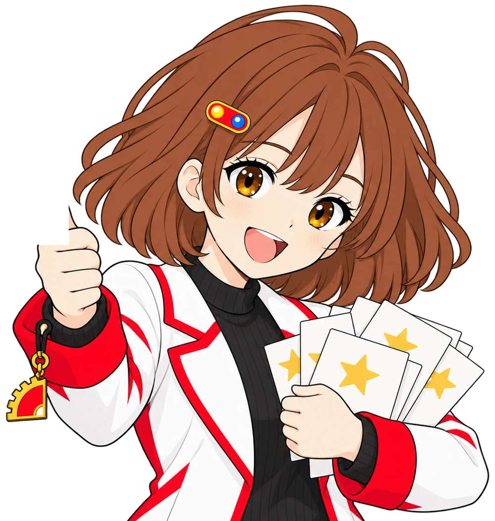 なんちゃんがレビューのカードの束を抱えて親指を立てる