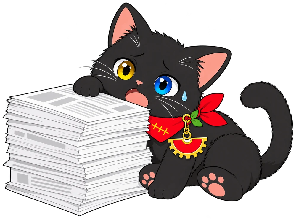 つくしちゃんが紙の山の横で目を回している