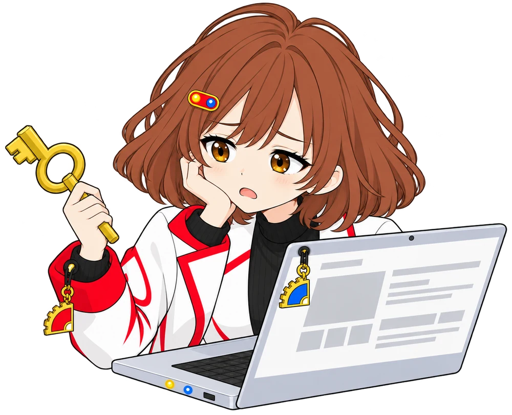 なんちゃんがカギを持ってログイン画面を見てため息