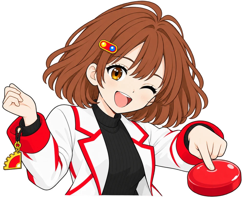 なんちゃんが大きな赤いボタンを人差し指で押す