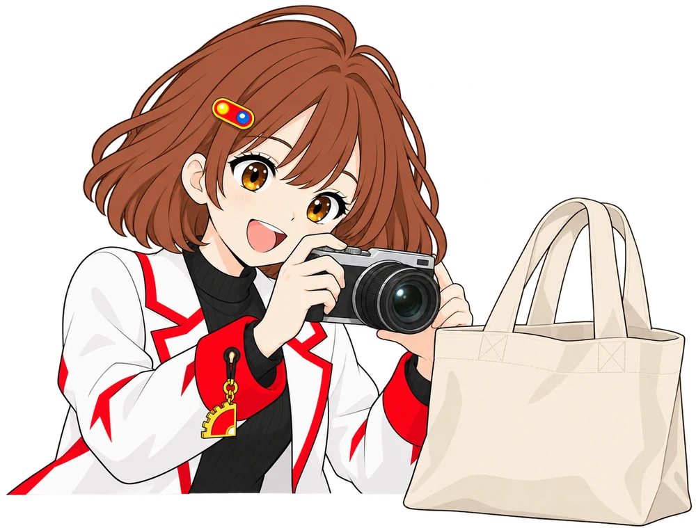 なんちゃんがベージュのトートバッグをカメラで撮影している