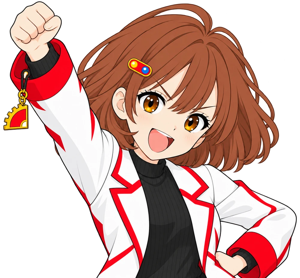 なんちゃんが拳を突き上げて「頑張るぞ」と気合いを入れている