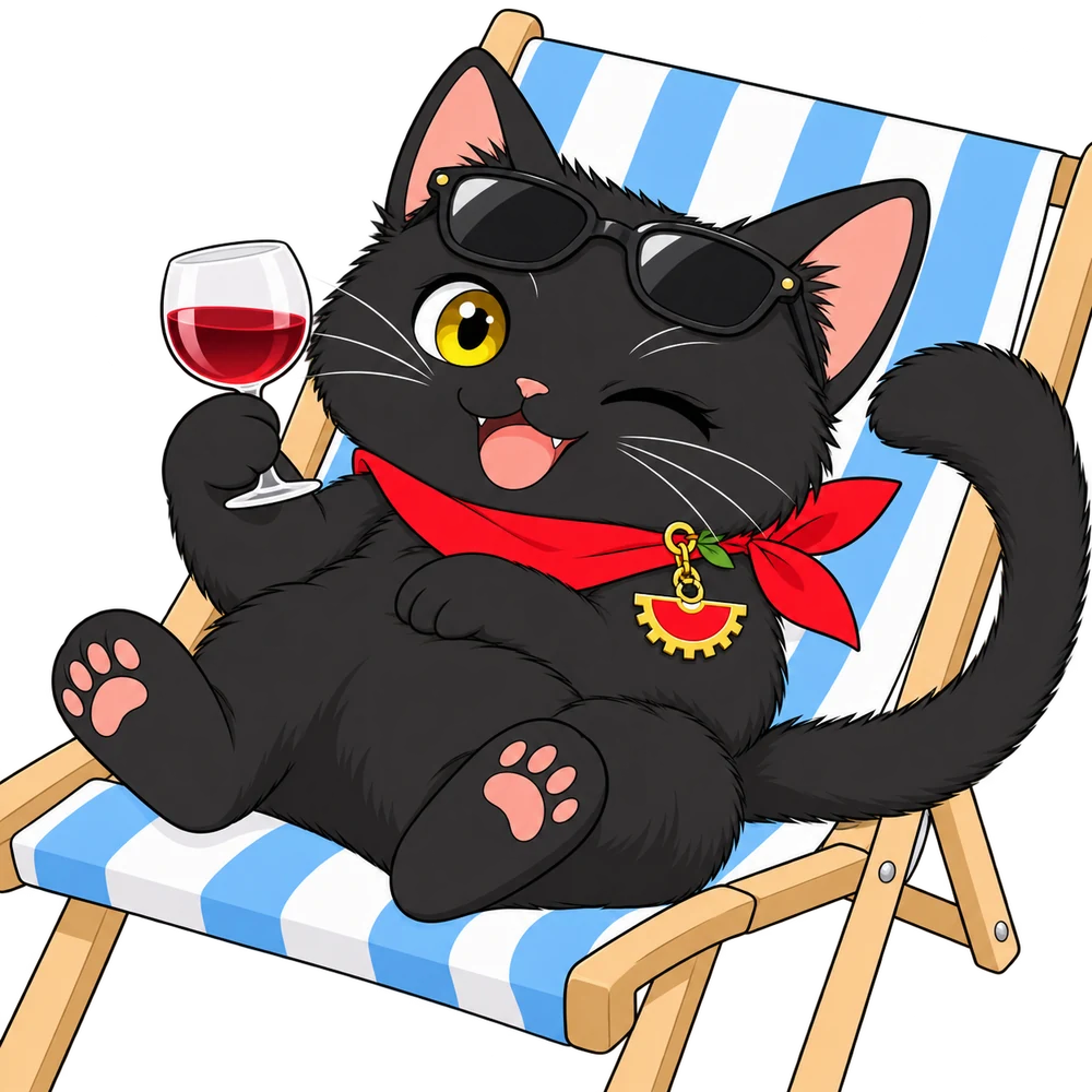 つくしちゃんがビーチチェアでくつろぎ、額にサングラス・手にワイングラスでウィンク(ツールを使った後)