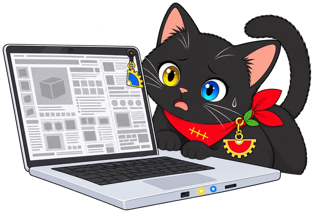 つくしちゃんがノートPCのごちゃごちゃした商品ページを見て困っている