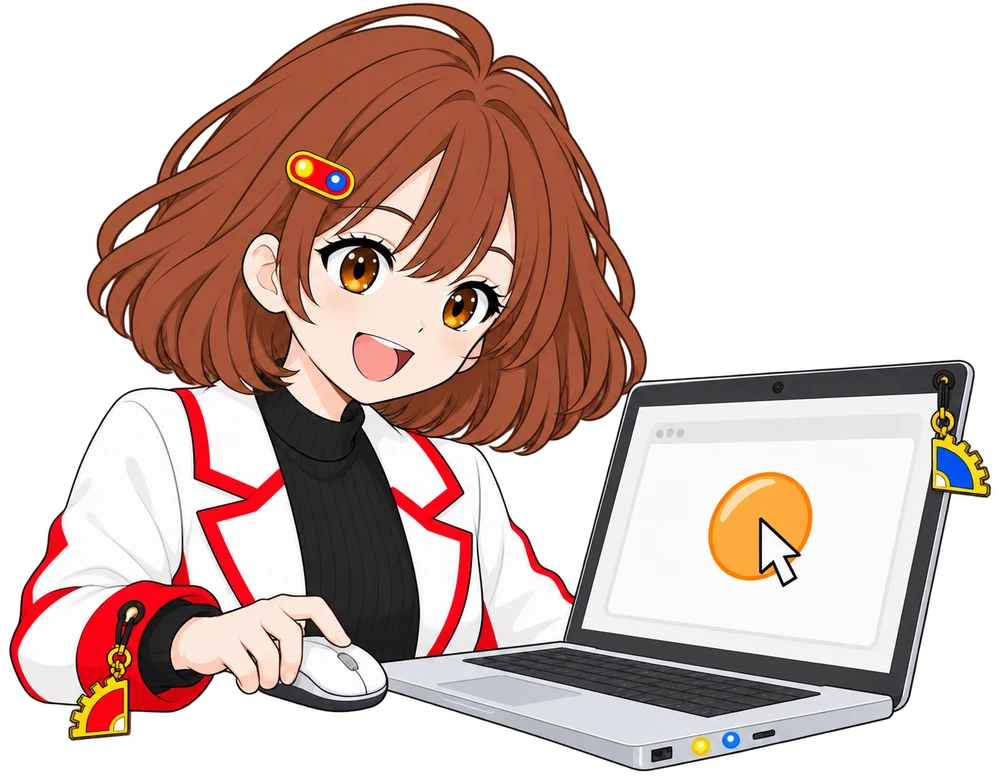 なんちゃんがマウスで画面のボタンを1回クリックしている