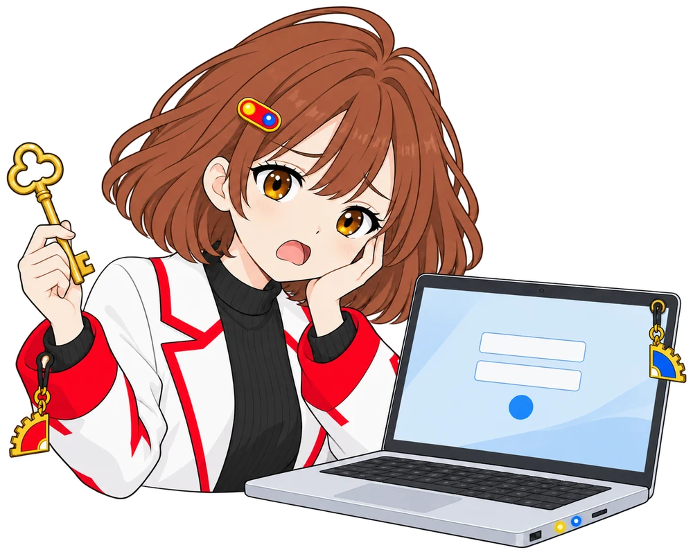 なんちゃんがカギを持ってログイン画面を見ながらため息