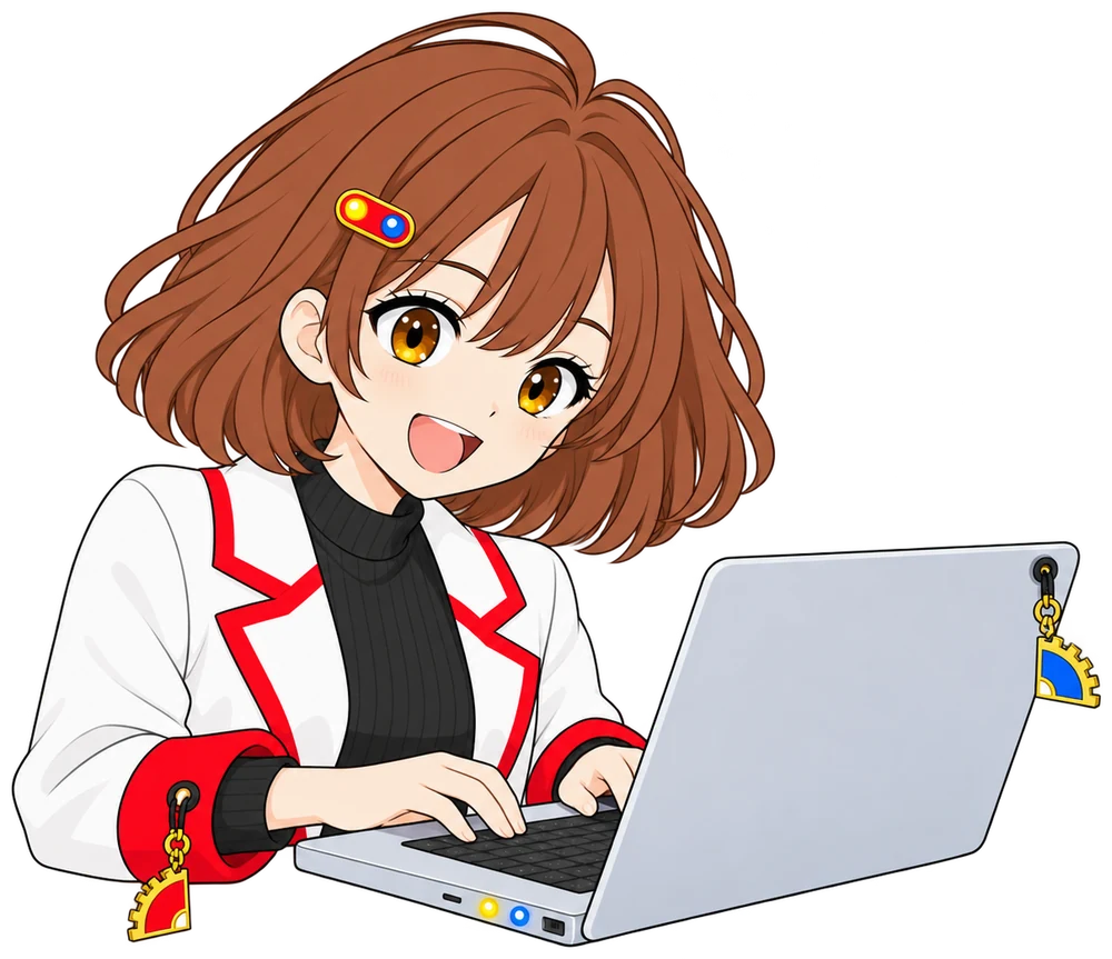 なんちゃんがノートPCに向かって両手で入力中（PCのふたの裏側がこちら向き）