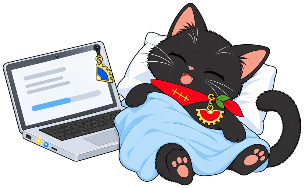 つくしちゃんがノートPCの横で枕とブランケットで目を閉じてぐっすりお昼寝