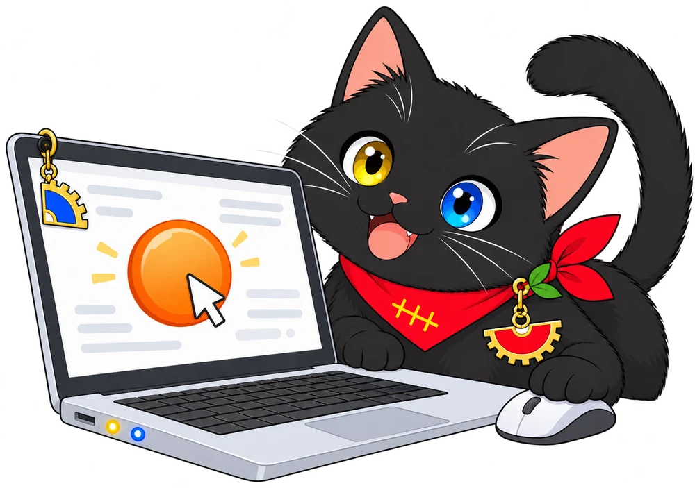 つくしちゃんがマウスで画面のオレンジのボタンにカーソルを合わせている（スカーフのステッチあり）