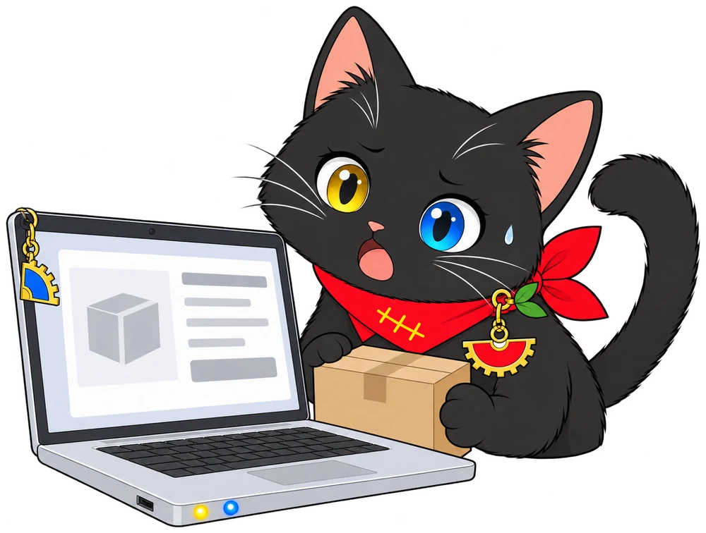 つくしちゃんが小さな段ボール箱を抱えてノートPCの画面を見て困っている
