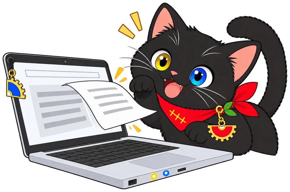 つくしちゃんがノートPCの画面から飛び出した書類にびっくり