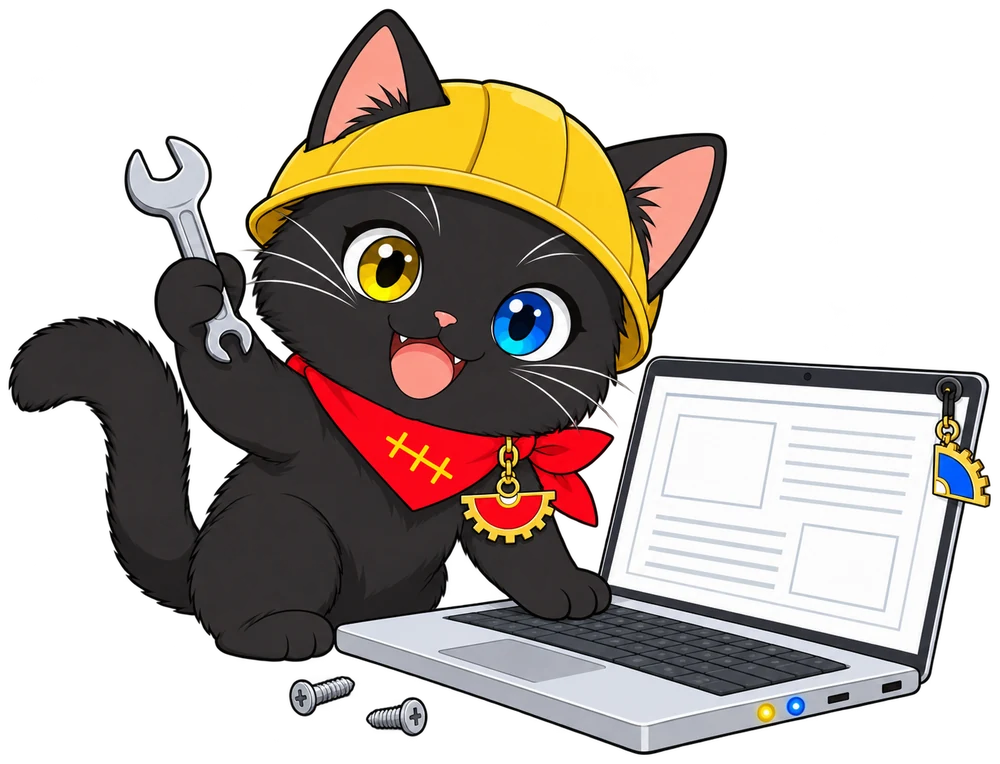黄色いヘルメットをかぶったつくしちゃんがスパナを持ってノートPCを組み立て中
