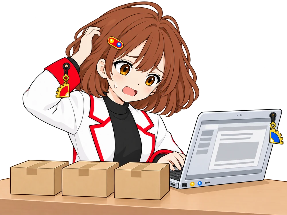 なんちゃんが同じ段ボール箱3つを前にノートPCへ手入力して困っている