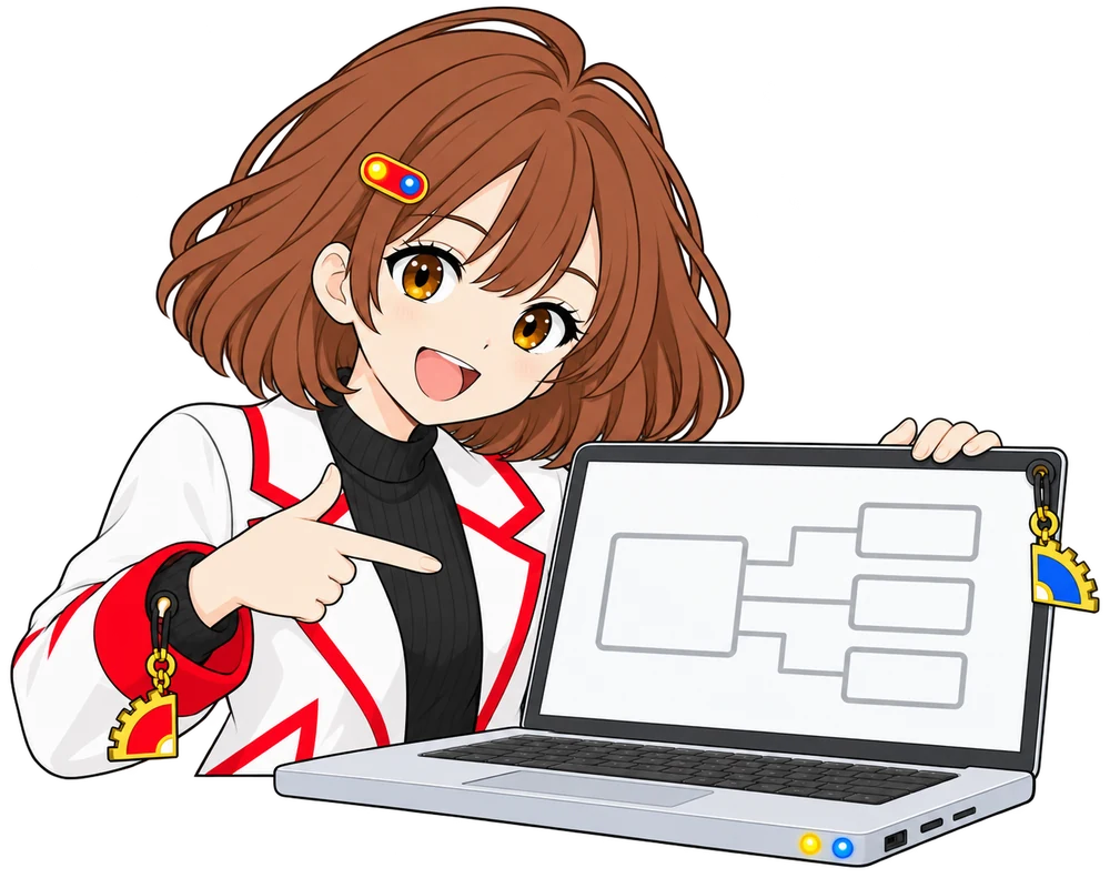 なんちゃんがノートPCの画面の「1つの商品から3つのお店へ」の図を指さして説明
