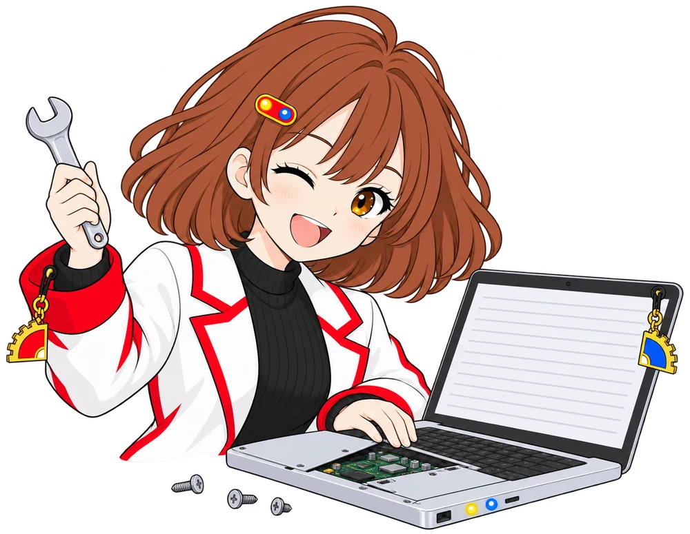 なんちゃんがスパナを持ってウインク・手前に組み立て途中のノートPC