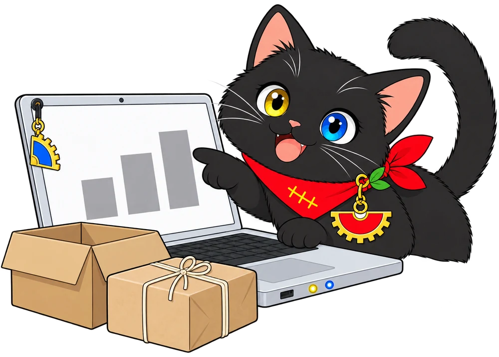 つくしちゃんがノートPCの棒グラフを指してにっこり・手前に箱と小包