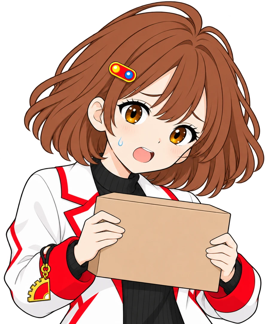 なんちゃんが小さな商品の箱を両手で持ち、首をかしげて言葉に困っている