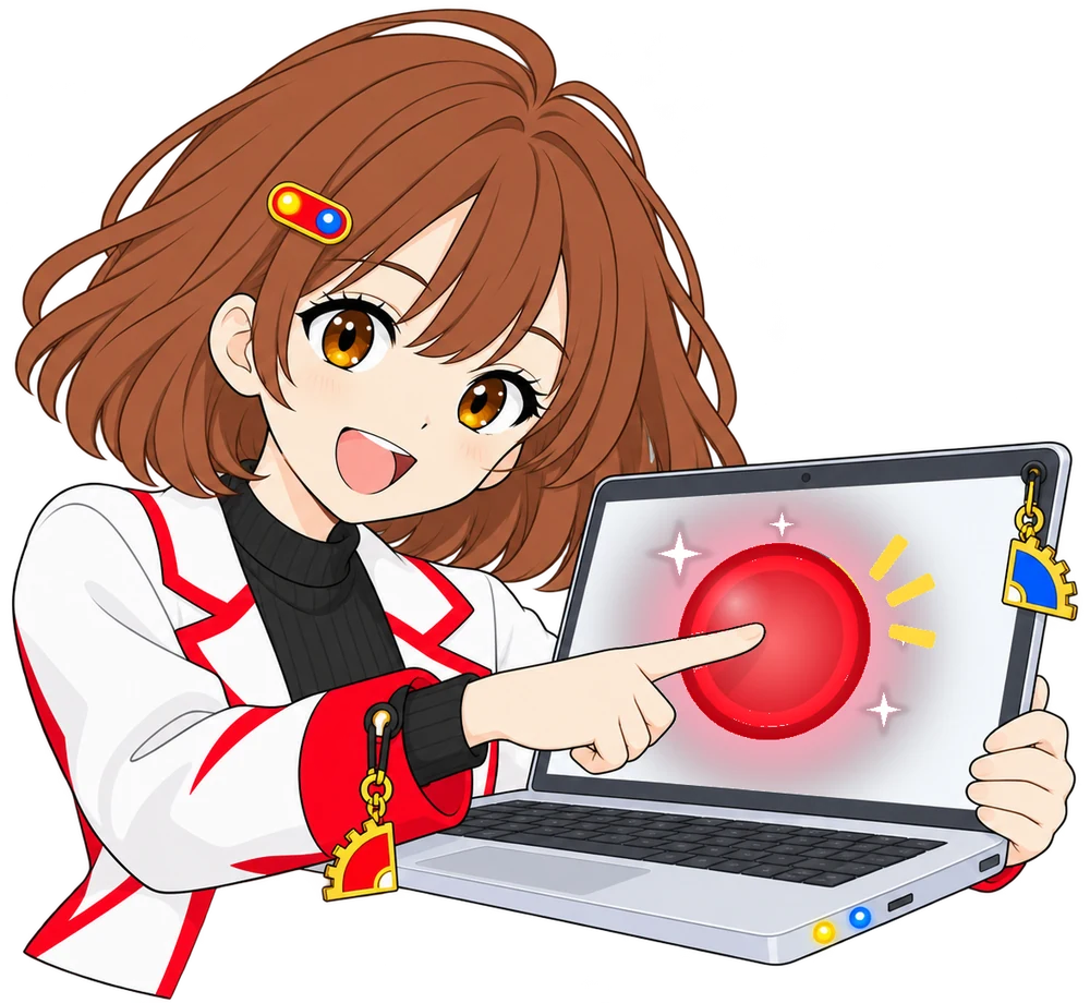 なんちゃんがノートPCの画面のボタンを指でポチッと押してにっこり