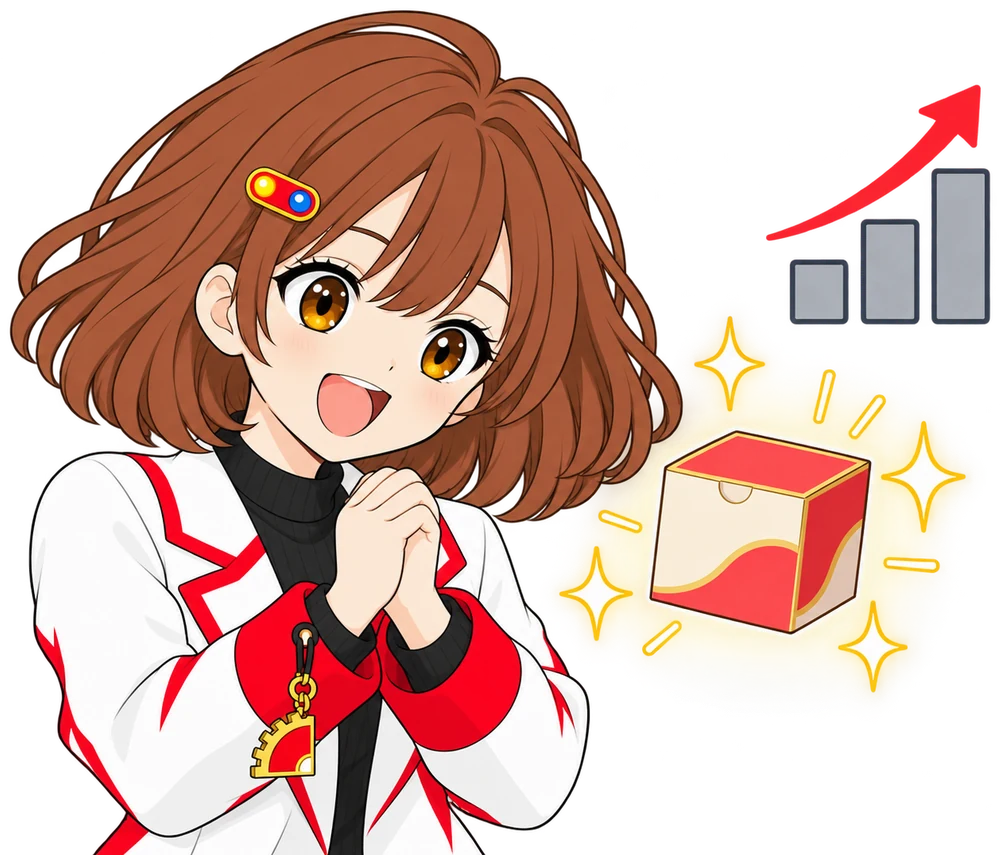 キラキラ輝く商品と右上がりの売上グラフを、なんちゃんがうれしそうに見ている