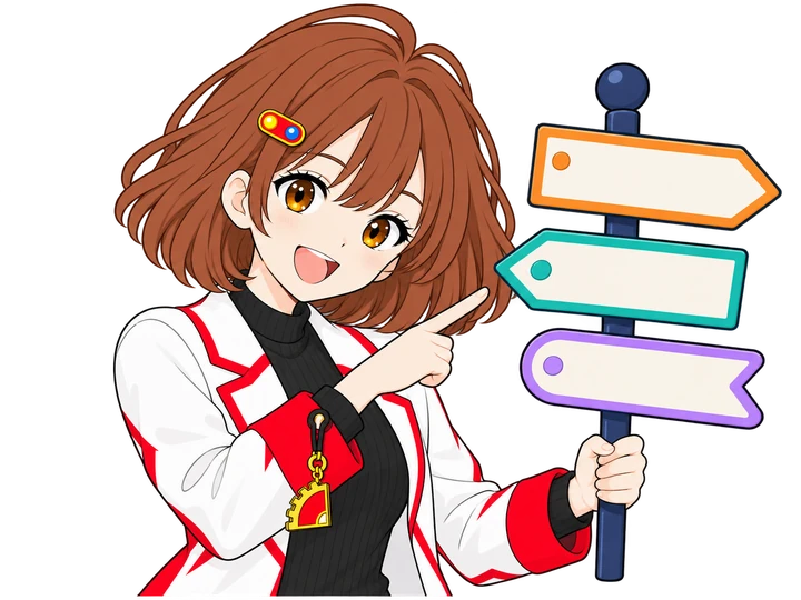 三段の方向案内を指さし、探しやすさを紹介するなんちゃん