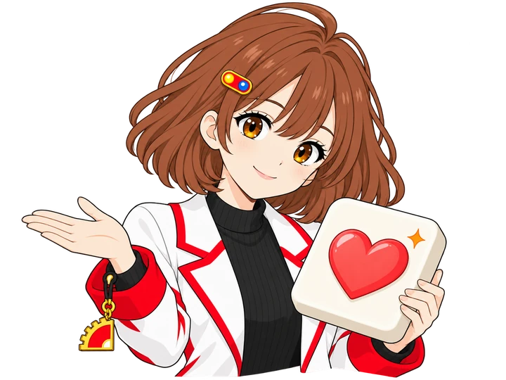 ハートのタイルを持ち、イイネの使い心地を紹介するなんちゃん