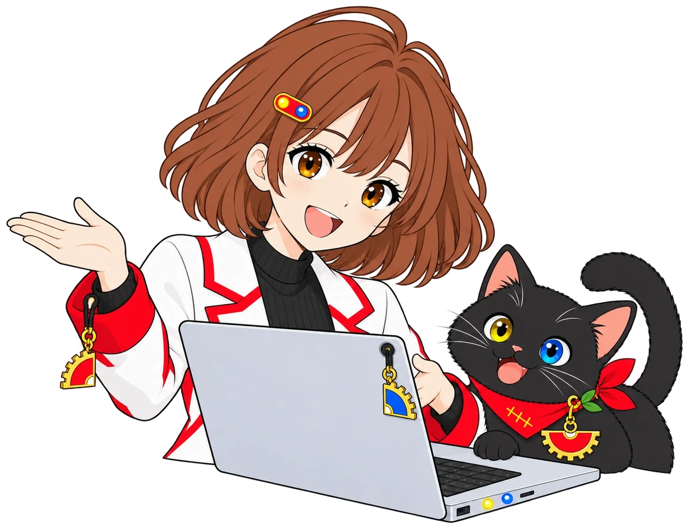 なんでもツクールのマスコット、なんちゃんと黒猫のつくしちゃんがノートパソコンを見せている